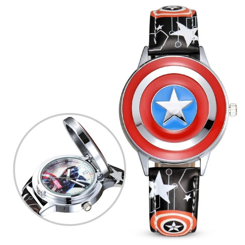 Super Hero Marvel Avengers Captain America Children's Quartz Waterproof Flip Watch Child Leather Watches Iron Men Spider Cool - Цвет: 81032 Black