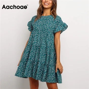 

Women Casual Floral Printed Pleated Dress Butterfly Short Sleeve Loose Mini Dress Sundress O Neck Lady Fashion Dresses Elbise