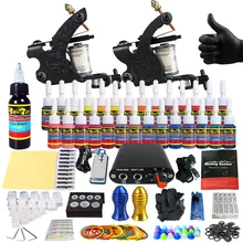 Complete Professional Tattoo Machine Kit Sets 2 Machines liner shader machine28 Color Inks Power Supply Needles Grip Tip Set