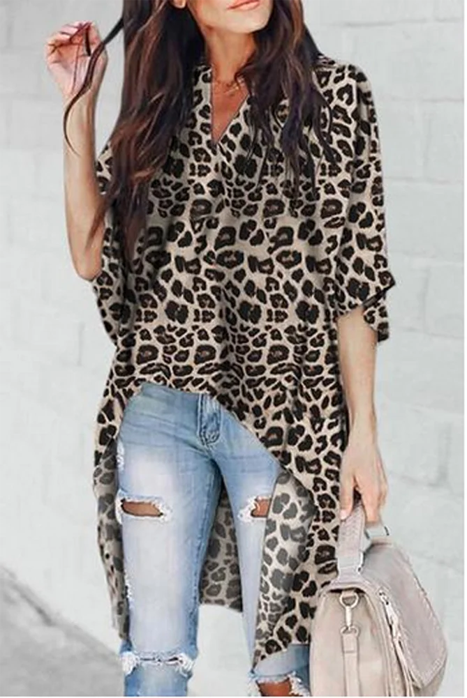 Новая модная женская Повседневная блуза с v-образным вырезом, половина рукава-клеш, длинная рубашка, женские топы с леопардовым принтом и блузка