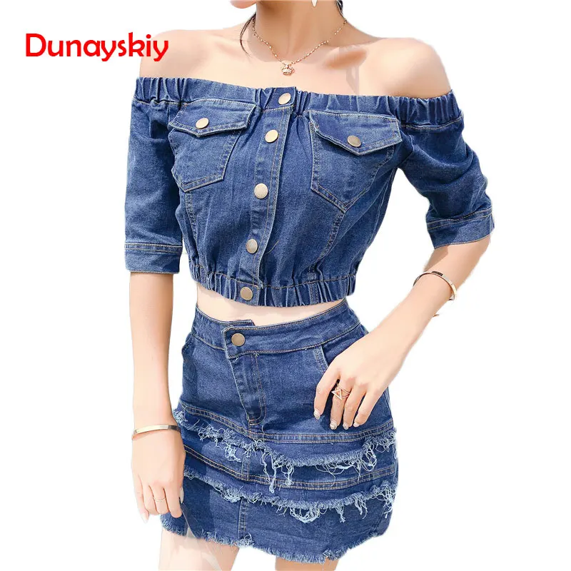 denim top and skirt set