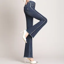 OMIKRON новые модные повседневные женские винтажные Джинсы Расклешенные Стрейчевые джинсовые брюки женские с высокой талией голенище повседневные широкие брюки