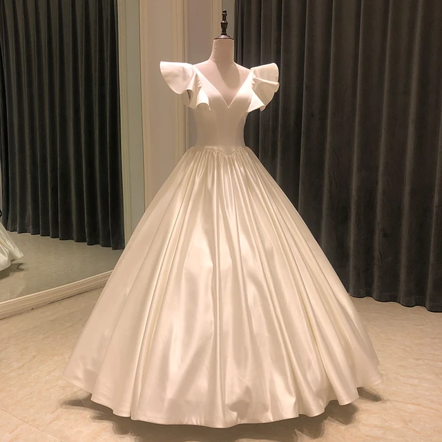 SL-8296 v neck ball gown wedding dress satin 2021 ruffles simple pleat bridal wedding gowns for bride corset dresses 3