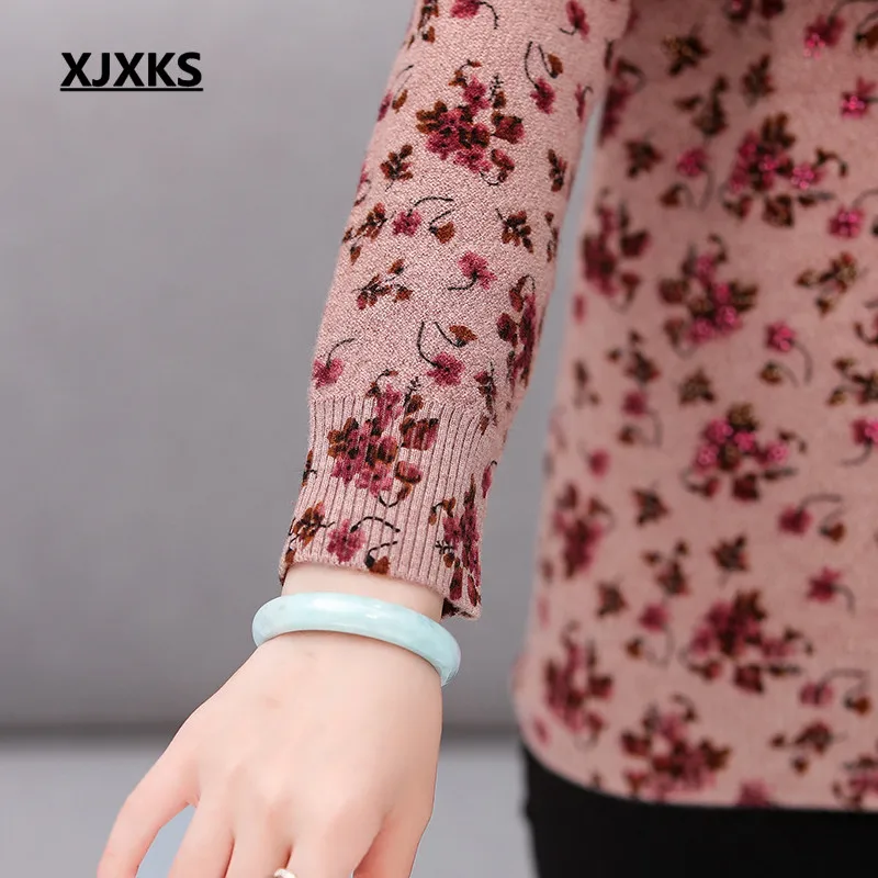 XJXKS autumn winter new exquisite printed women cardigan plus size wool knitted cardigan women sweater
