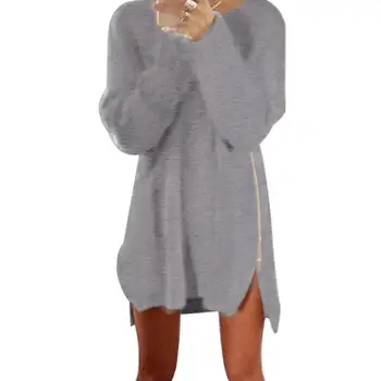 

Chic Autumn Women Solid Color Long Sleeve Zipper Slit Side Loose Sweater Dress Plus Size 5XL Sweaters O-neck Warm Sweater Women