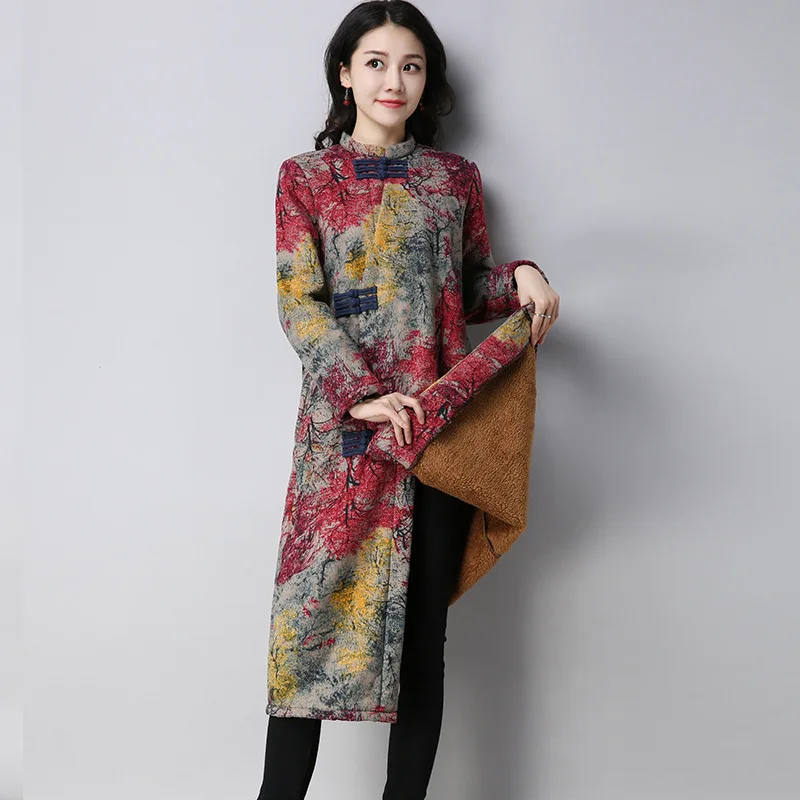 

Photo Shoot Winter New Style Cotton Linen WOMEN'S Dress Medium-length Thick Retro National Wind Modified Cheongsam Coat