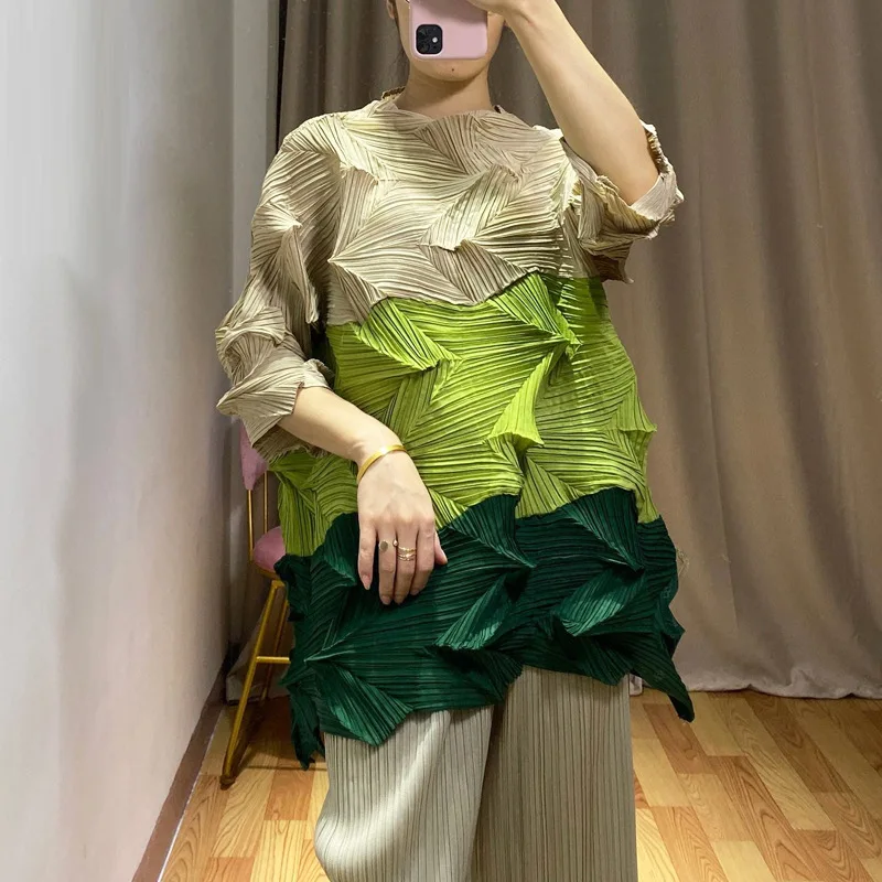 Changpleat весна лето новые женские топы футболки Miyak плиссированные Модные свободные большие размеры 3/4 рукав Лоскутная женская футболка
