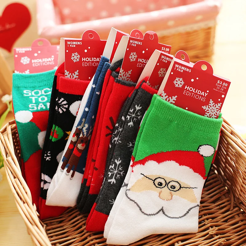 Новые рождественские носки женские хлопковые носки новогодние носки с изображением Санта-Клауса и рождественской елки с изображением снежного лося
