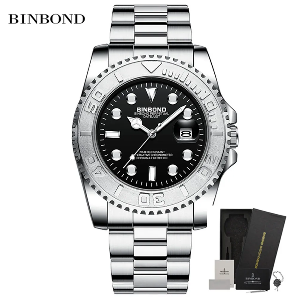 BINBOND Top Brand Luxury Fashion Men Watches Luminous Calendar Waterproof Stainless Steel Watch Quartz Business Wristwatch 