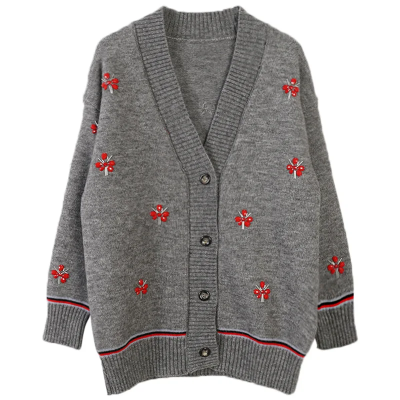 

GRUIICEEN Beading V-neck Autumn and Winters Cardigans Loose Single Breasted Woman Sweater Fashion