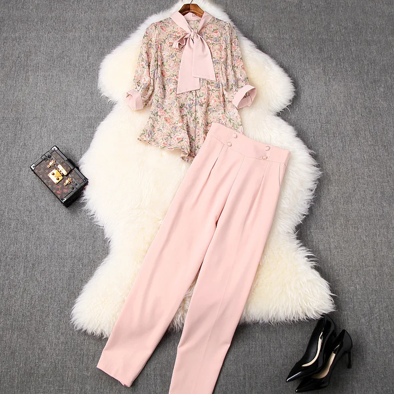

Pant Suits Summer Women's Fashion 2020 New Floral Stand Collar Bow Chiffon Blouse Top + High Waist Harem Trousers 2 PCS Set S-XL