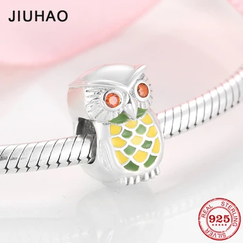 

Authentic 925 Sterling Silver Yellow Enamel lovely Animal Owl Beads fit JIUHAO Bracelets Fine Jewelry Gift