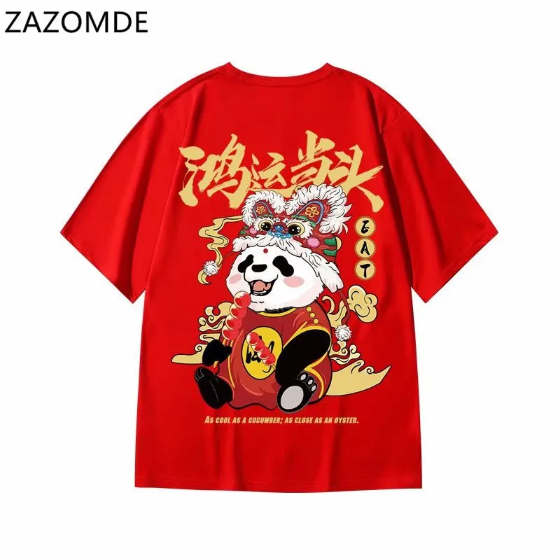 

ZAZOMDE 2022 New Men Red Tshirt Men Printed T-shirt men Hip Hop Tshirt Men Top&Tee Cotton Chinese Style Street Tees Streetwear