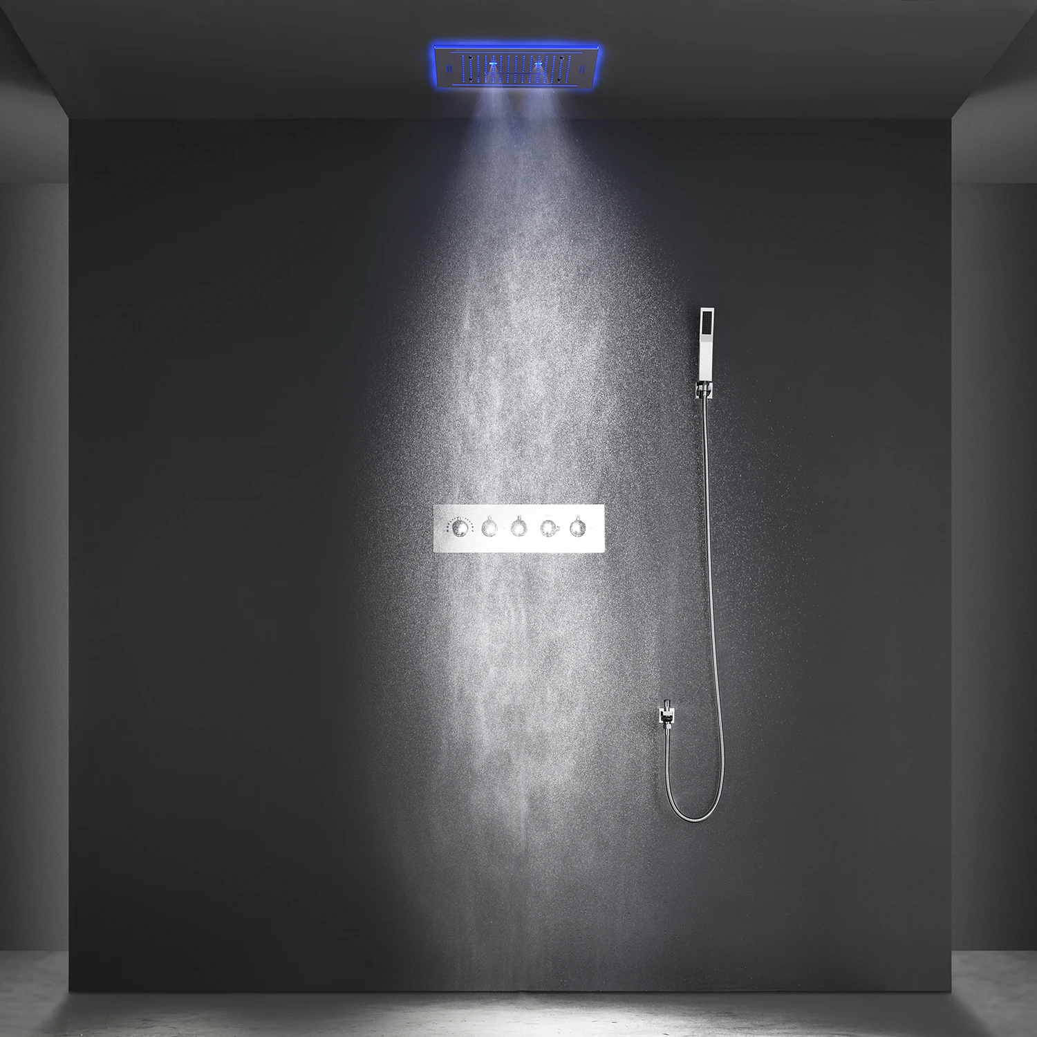Stainles Steel 304 16inch 40cm Square Bluetooth Music LED Shower Head Panel Set Spray Rainfall Steam Thermostatic Mixer Faucet 2