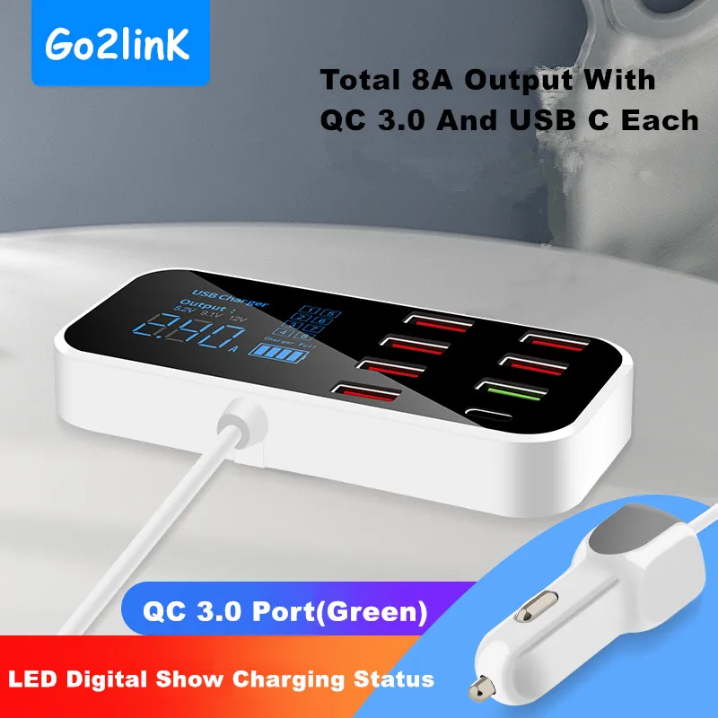 8 Ports USB C QC 3.0 Car Charger LED Digital Display Fast Charging For iPhone 11 Pro Max Samsung Xiaomi Huawei Car Phone Charger