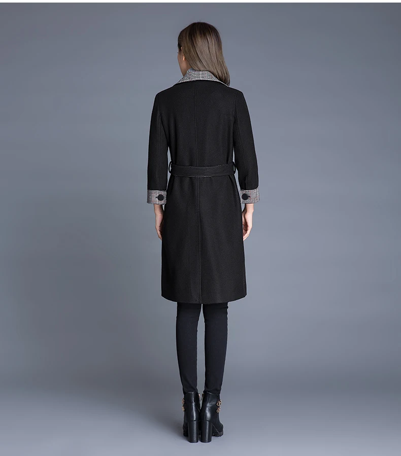 

Женское шерстяное пальто с поясом, двубортное пальто с отложным воротником, длинное зимнее пальто, KJ167