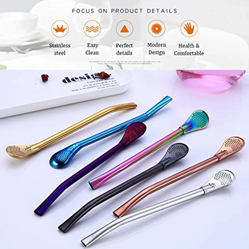 Promotion-Stainless Steel Straws,6pcs Filter Spoon Straw, Reusable Spoon Straws, Strainer Stirring Steel Spoon Tea Infuser, Tea