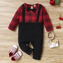 Barboteuse à manches longues pour bébé garçon de 0 à 18 mois, barboteuse avec nœud à carreaux, mode printemps automne 