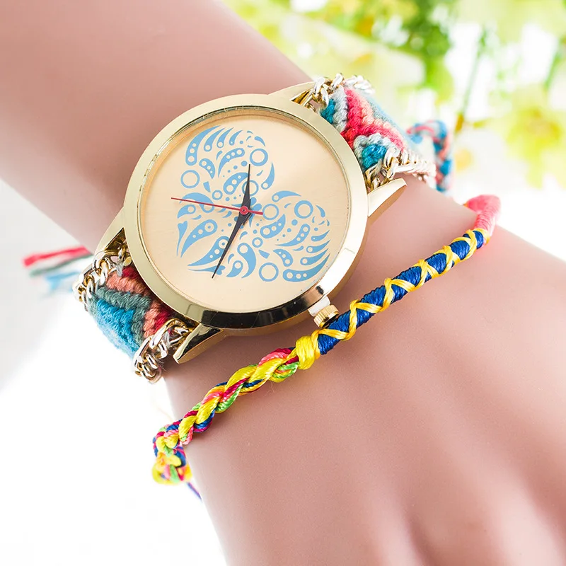 Girl's Watches Ethnic style hand-woven peach heart strap watch multicolor bracelet wristband watch Latest Gifts For Ladies afbeelding