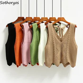 

Vest Women Solid V-neck Knitted Fashion Backless Bow Short Sleeveless Korean Style Sweet Chic Womens Waistcoats All-match Simple