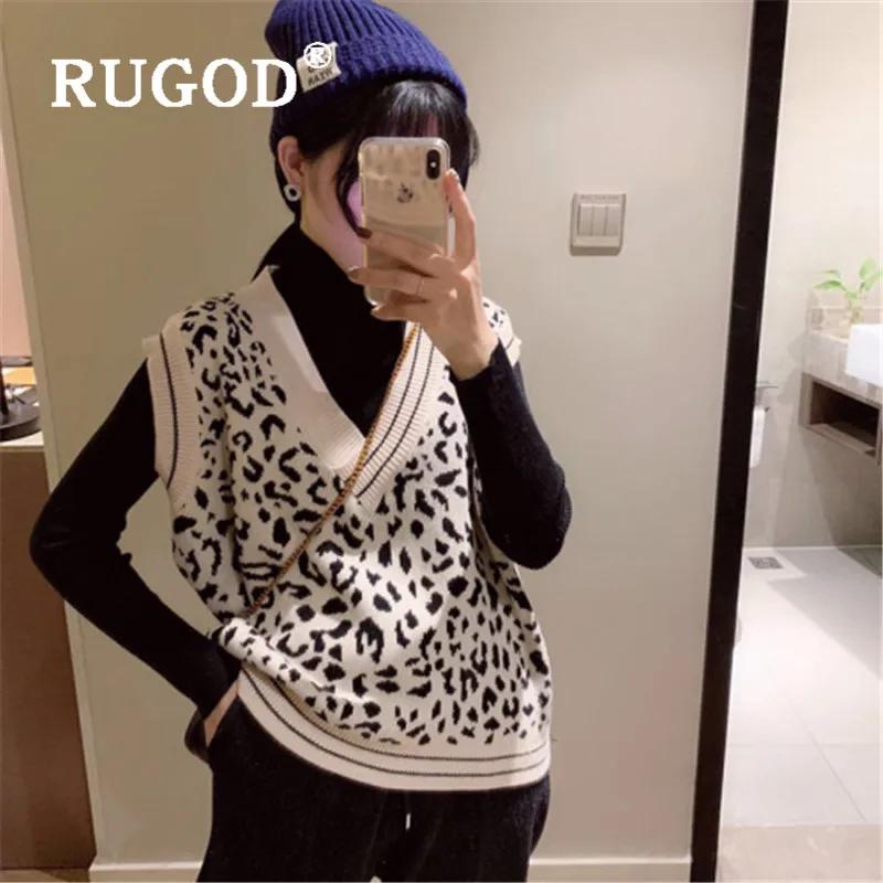 RUGOD осенний стиль модный Свободный Леопардовый вязаный жилет с v-образным вырезом корейский стиль Женский комплект из двух предметов элегантная вязаная одежда