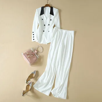 

HIGH QUALITY 2020 New Designer Runway Suit Set Women's Color Block Double Breasted Jacket Wide Leg Pants Suit