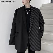 INCERUN Blazer informal a rayas para hombre, ropa de calle con solapa y cordones, de manga larga, con bolsillos, abrigos de ocio, 2021