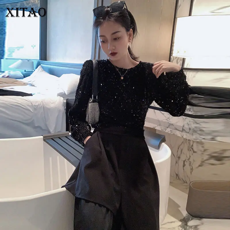 

XITAO Caution Machine Sexy Backless T Shirt Sequin Women Clothes 2020 Spring New Fashion Pullover Full Sleeve Tee Top DMY3930