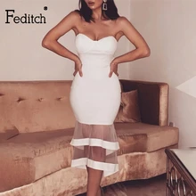 Feditch Сетчатое сексуальное платье с открытыми плечами, женское платье без рукавов в стиле пэчворк с рюшами, облегающее платье миди, женское осенне-зимнее платье для ночного клуба