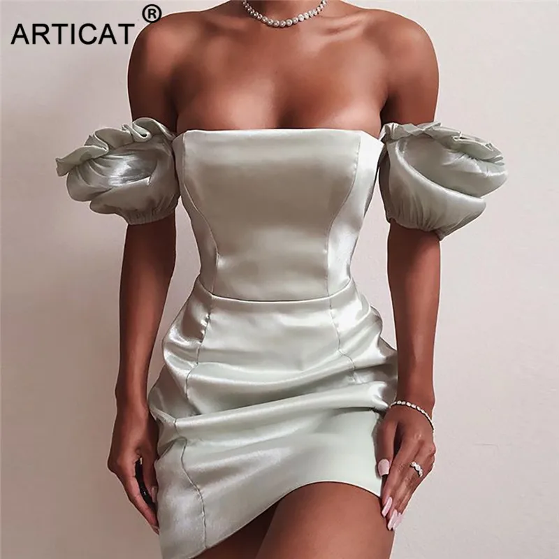 Articat с пышными рукавами, с открытыми плечами, сексуальное облегающее платье для женщин, с оборками, без бретелек, обтягивающее платье с открытой спиной, Короткие вечерние платья для клуба, Vestidos