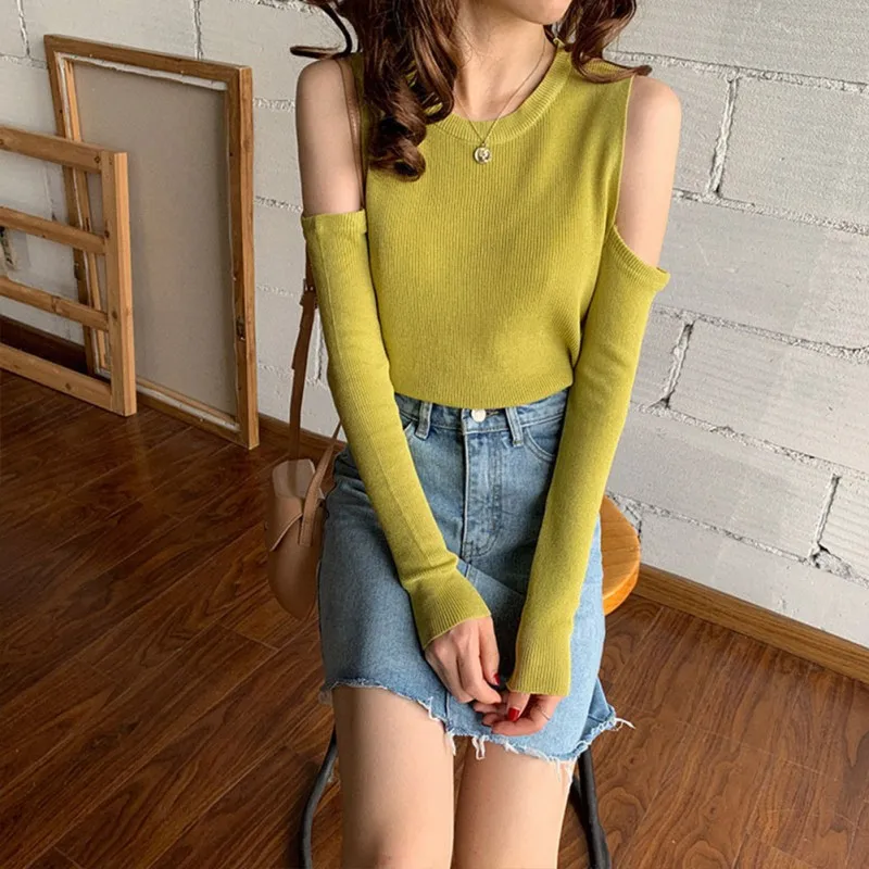 

Sexy Women Sweater New Fall Winter Solid Color Slim Long-Sleeved Round Collar Slim Bottom Knit Off-the-shoulders Sweater