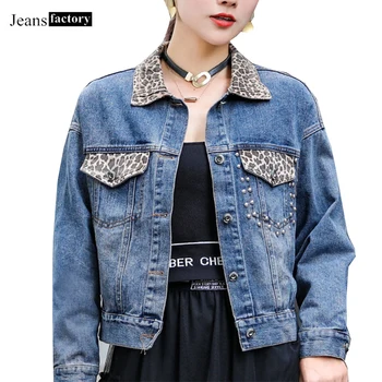 

Denim Jacket Womens Spring Leopard Rivets Single Breasted Short Coat Female Full Sleeve Blue Black Jeans Jackets Women Clothes