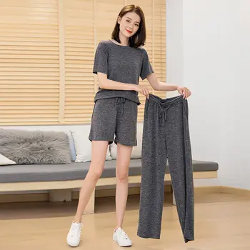 

Elastic Spandex Pajamas Set Women Big Size Casual Pyjama Female Summer Cool Cotton Sleepwear Long Pants Shirt Shorts Homewear