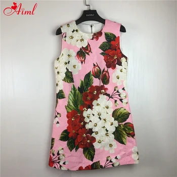 

Designer 2020 Female Fashion Summer floral Print Pink Sleeveless Beads Mini Party Dress Luxury Crystal Sequins Dress New