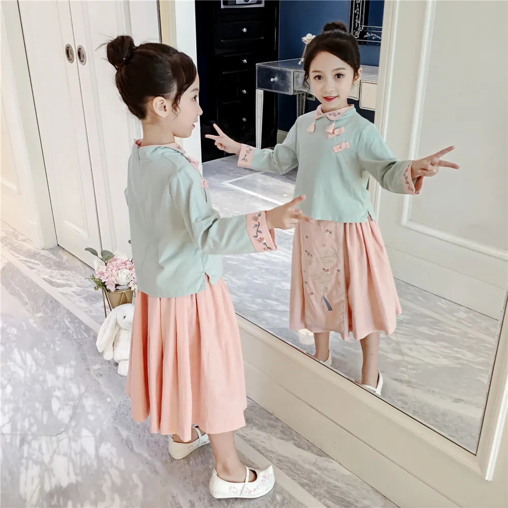 Мода года, осенние детские костюмы Hanfu для девочек топы с цветочной вышивкой и кисточками+ юбки для маленьких девочек, комплект из 2 предметов для детей от 2 до 8 лет