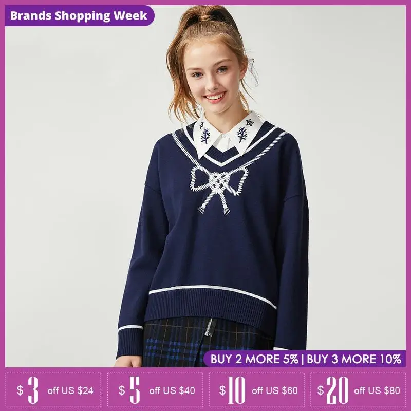Vero Moda winter v-neck rope embroidery BOW Sweater | 319324557 Женская одежда