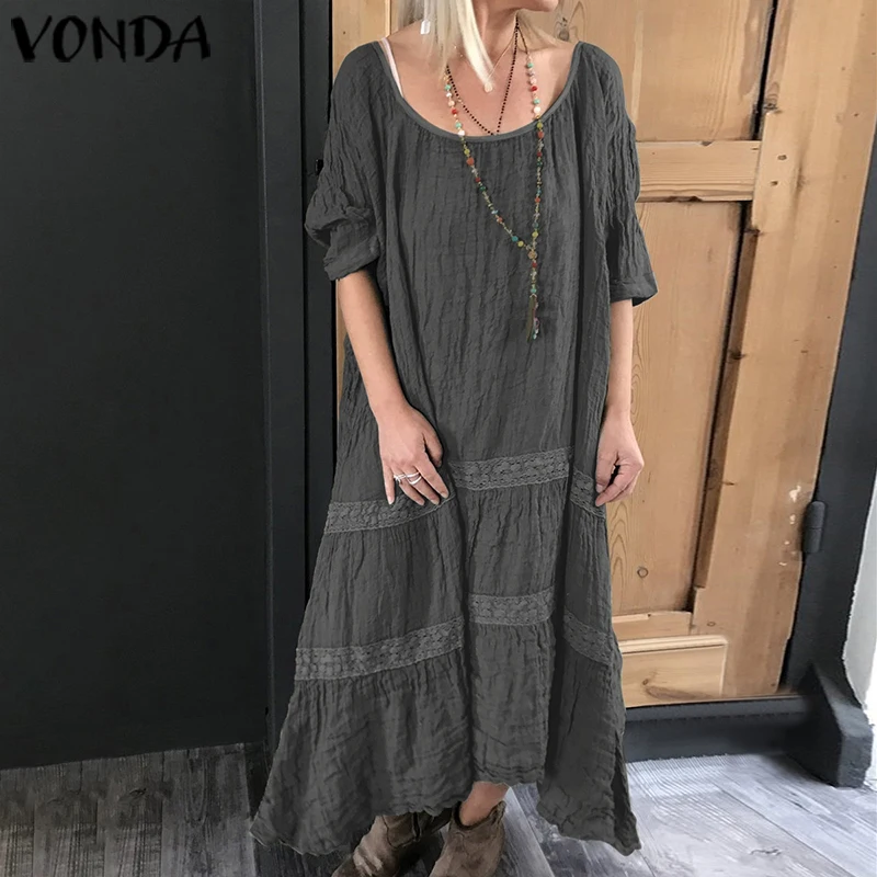 VONDA женский винтажный пуловер с коротким рукавом и круглым вырезом, однотонное Хлопковое платье-рубашка, повседневное Свободное длинное платье макси с рюшами размера плюс Vestidos
