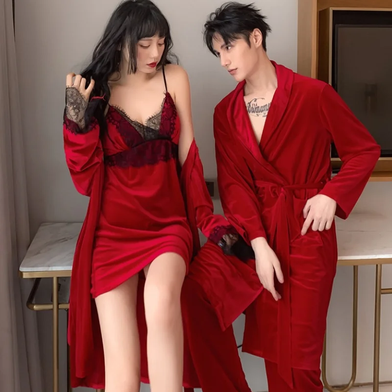 

High Quality Men Robe Trousers Pajama Sets Gold Velvet Couple Pajamas Wedding Morning Gown Home Service Hot Sell