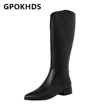 

GPOKHDS 2021 women Knee-High boots Cow leather Winter short plush Pointed Toe Zipper Med heels female boots size 39