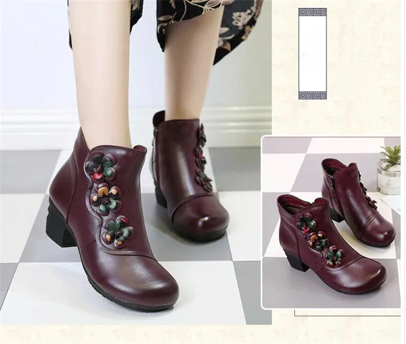 YAERNI Autumn Winter Shoes Woman Cow Leather Flower Shoes Comfort Med Heel Ankle Boots Genuine Leather Fashion Shoes women