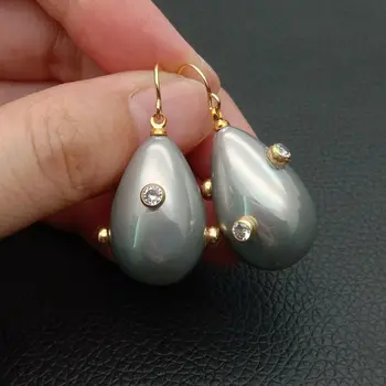 

Teardrop Grey Sea Shell Pearl Cz Pave Hook Earrings