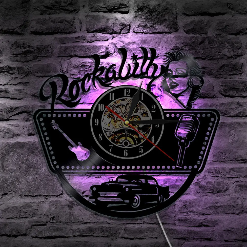 

Rockabilly Vinyl Record Wall Clock Modern Design Rock Music Clocks Mute Vintage LED Light Wall Watch Art Decore For Music Lover