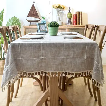 

Plaid Decorative Linen Table Cloth With Tassel Waterproof Oilproof Rectangular Square Table Cloths for Home Kitchen Dining Room