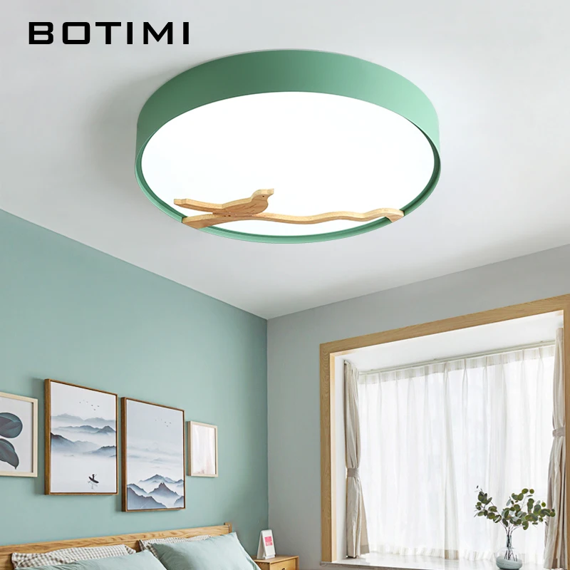 

BOTIMI Nordic Wood Bird Decor Led Ceiling Lights For Living Room 220V Round Metal Ceiling Lamp Surface Mounted Lighting Fixture