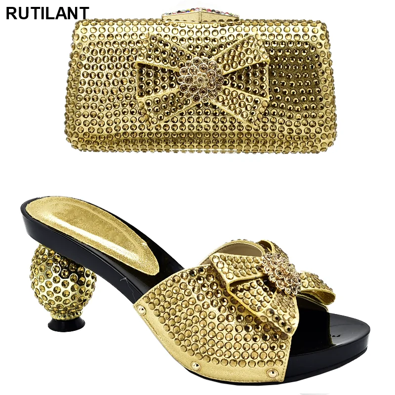 

New Arrival African Women Shoes and Bag Set Decorated with Rhinestone Luxury Shoes Women Designers Slip on Shoes for Women