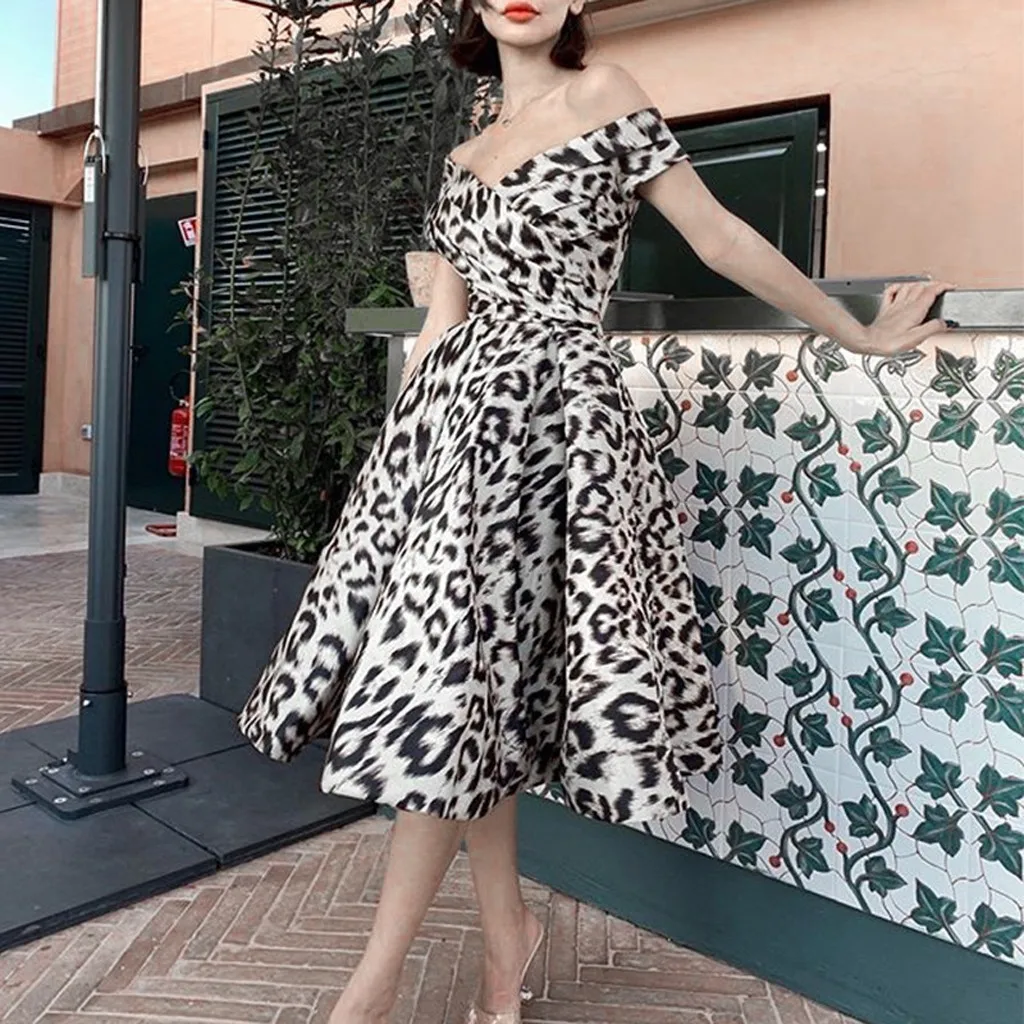 

White Leopard Dress Women Sexy Deep V Neck Off The Shoulder Chiffon Dot Dress Summer Dress Vintage Party Night Dress For Women