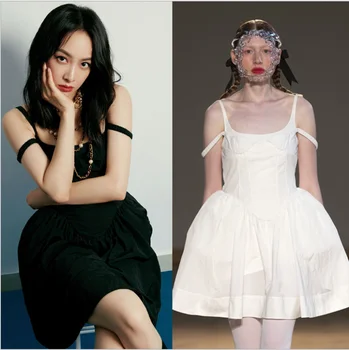 

luxury brand Black Suspender Dress Women's Summer New Sexy Slim Waist Show Thin Sleeveless Women's Off Shoulder Puffy Skirt
