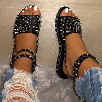

MCCKLE Women's Sandals Rivet Flats Cool Ladies Ankle Buckle Strap Punk Shoes Summer Female Plus Size 2020 Fashion New Woman Hot