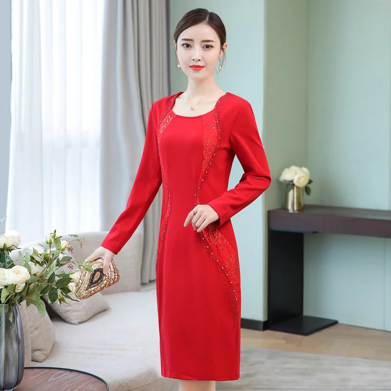 

Large Size Middle-aged Middle-aged Women Dress 2019 Autumn New Style Wedding Banquet Festive Mid-length Dress