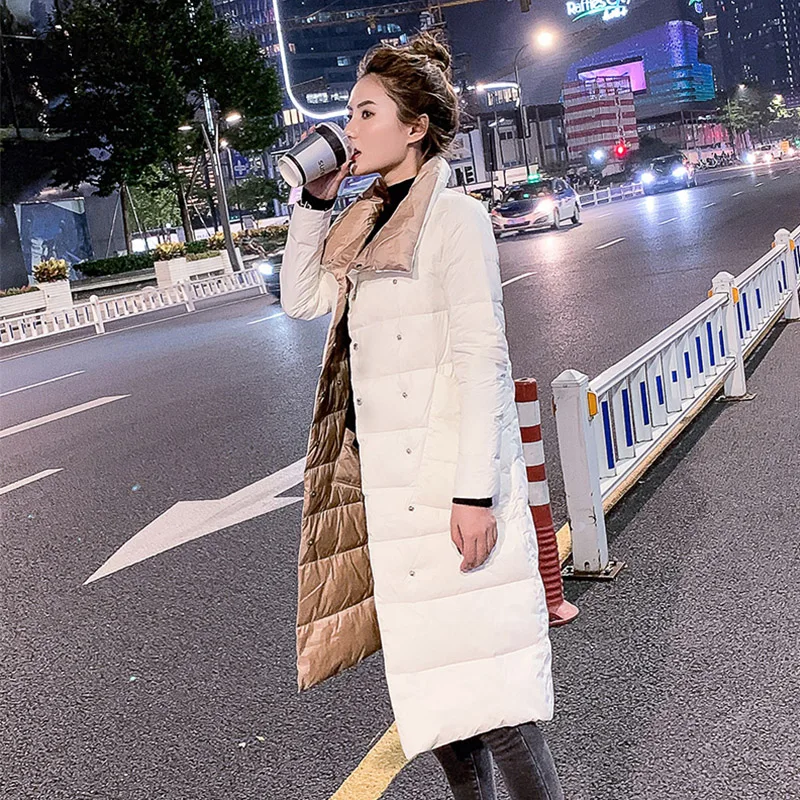 

Fitaylor Women Double Sided Down Long Jacket Winter Turtleneck White Duck Down Coat Double Breasted Warm Parkas Snow Outwear